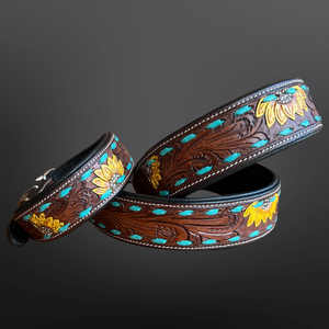 Western Inspired Sunshine Sunflower Leather Dog Collar