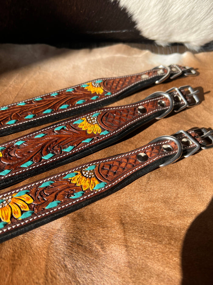 Western Inspired Sunshine Sunflower Leather Dog Collar