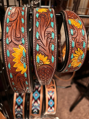 Western Inspired Sunshine Sunflower Leather Dog Collar