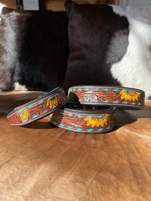 Western Inspired Sunshine Sunflower Leather Dog Collar